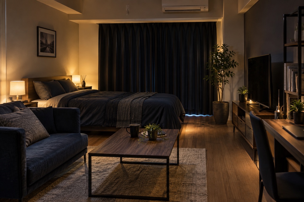 落ち着いた夜の部屋の暮らし方イメージ